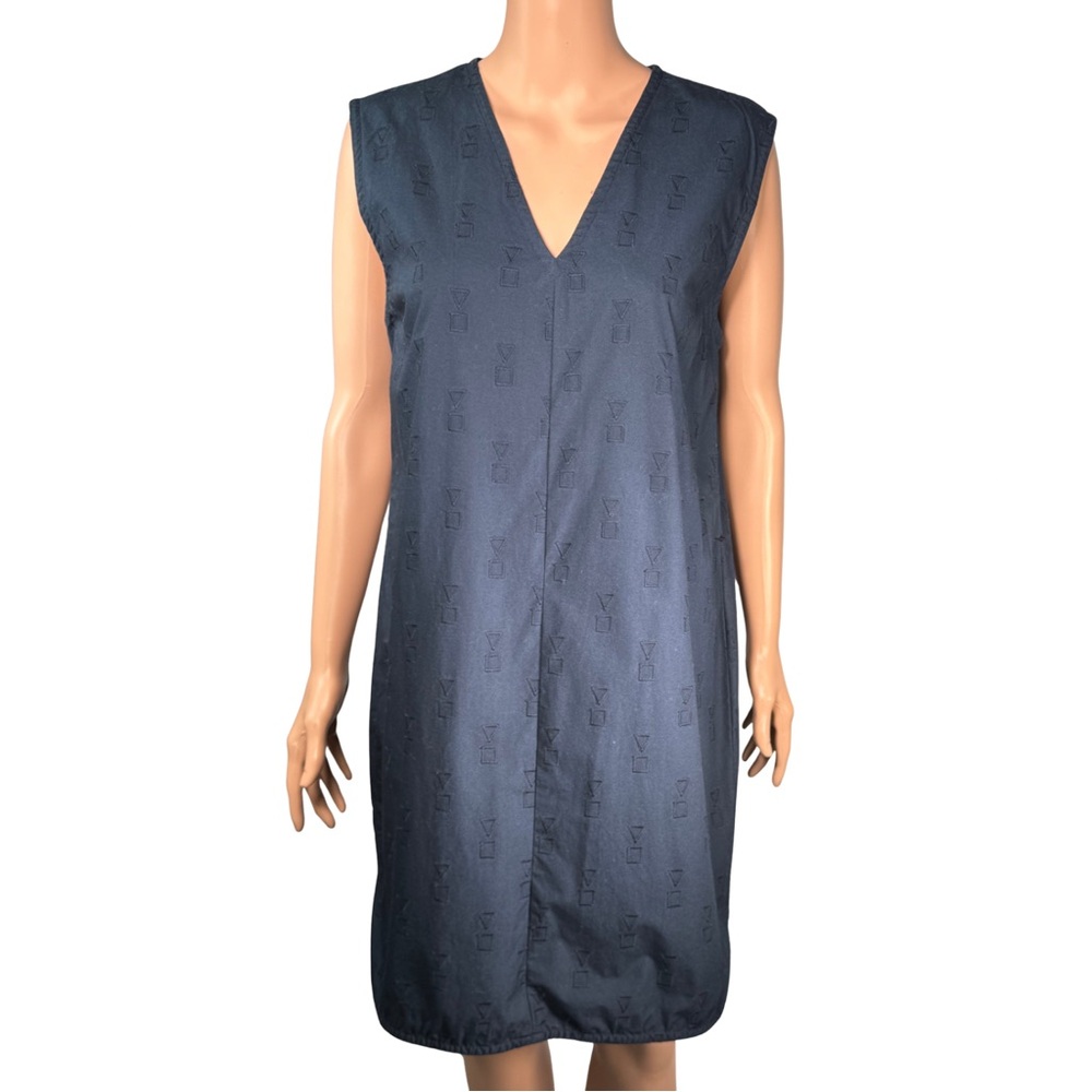 Kate Spade Saturday Navy Blue Geometric Embroidered Cotton V-Neck Shift Dress L